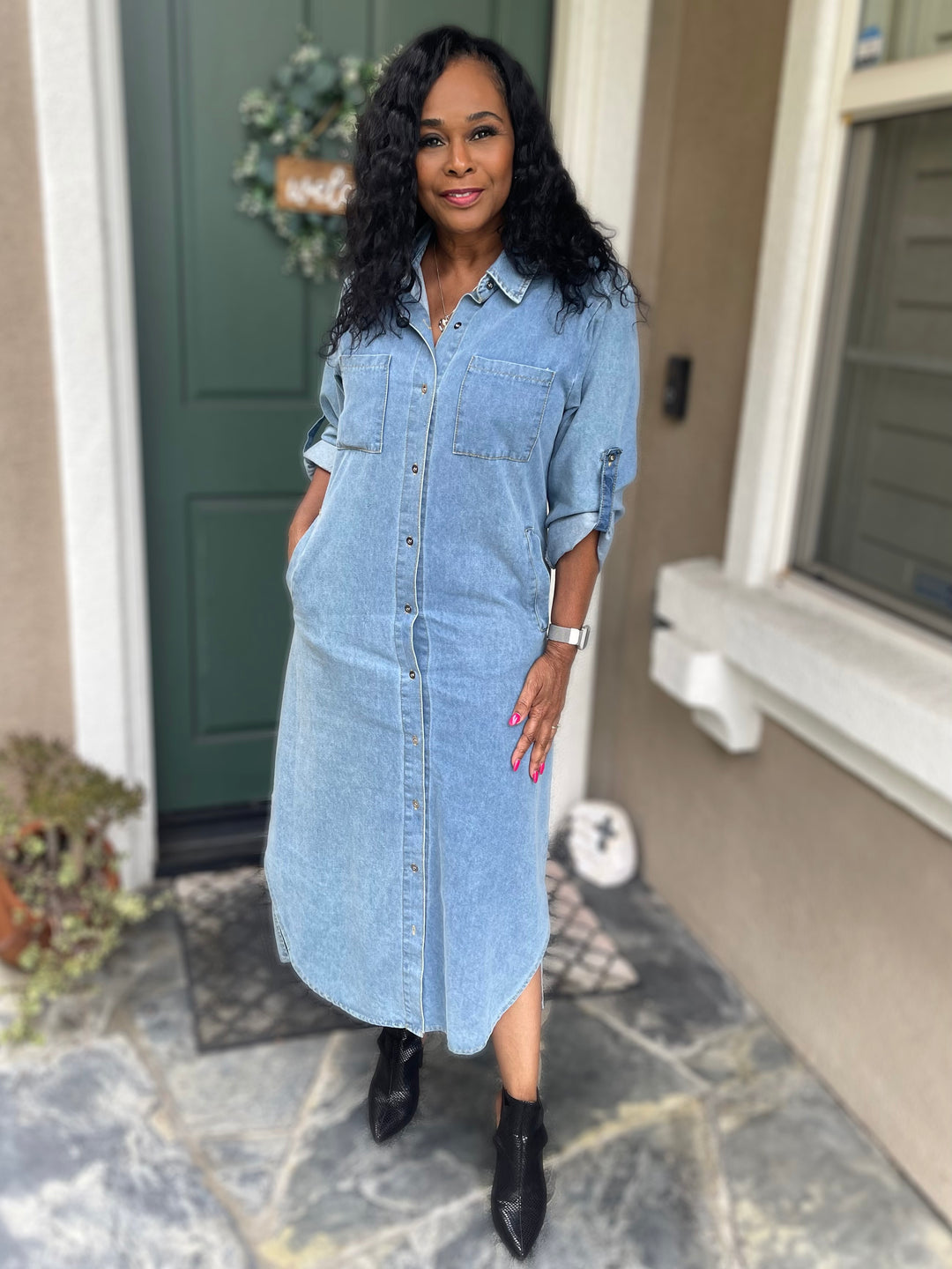 Button down denim midi dress