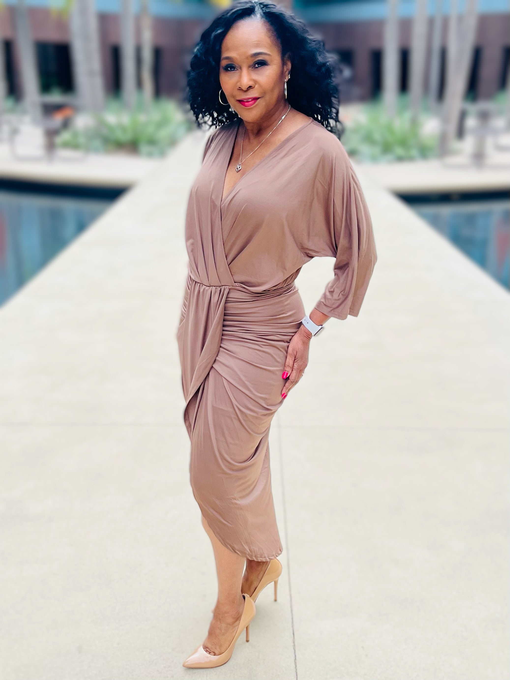 venetian midi dress Venetian Ruched Midi Dress Medium / Mocha by Moody Fitzs Boutique