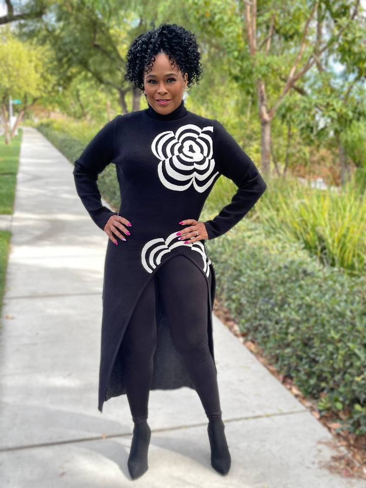 Asymmetric Turtleneck Long Floral Sweater
