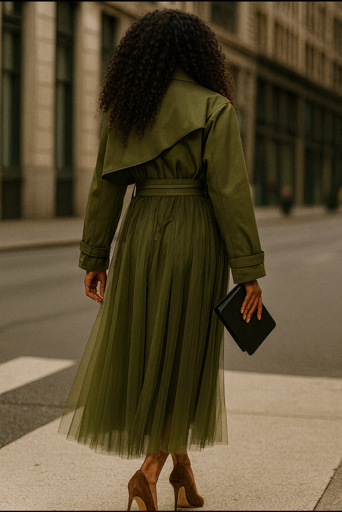 Olive Tulle Detail Trench Coat