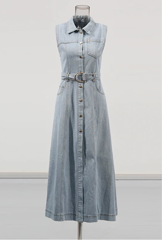 The Olivia Belted Denim Maxi Dress
