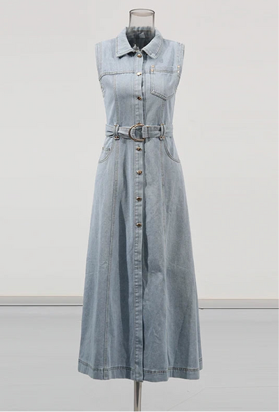 The Olivia Belted Denim Maxi Dress