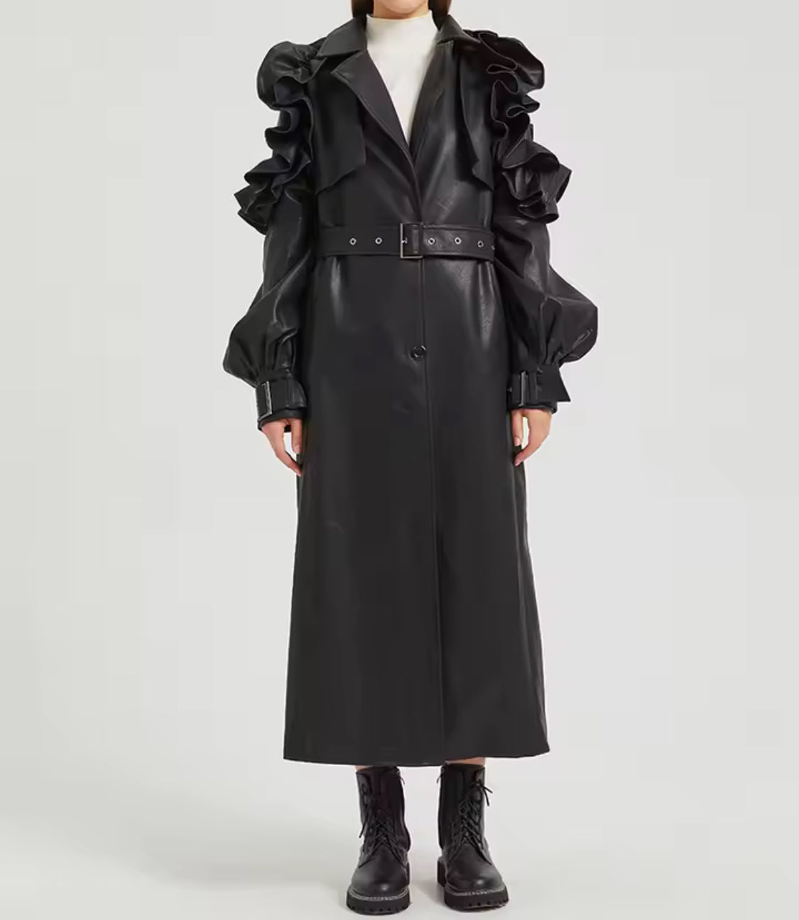 Ruffle Edge Faux Leather Trench Coat
