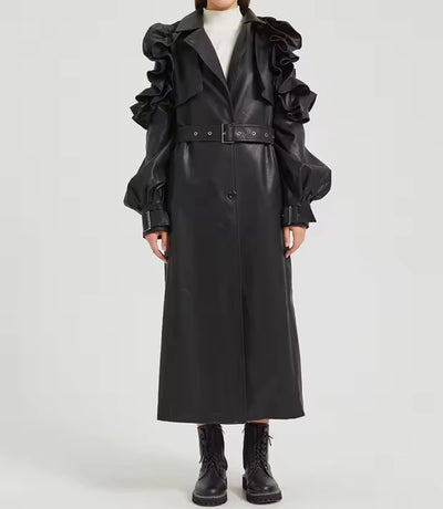Ruffle Edge Faux Leather Trench Coat