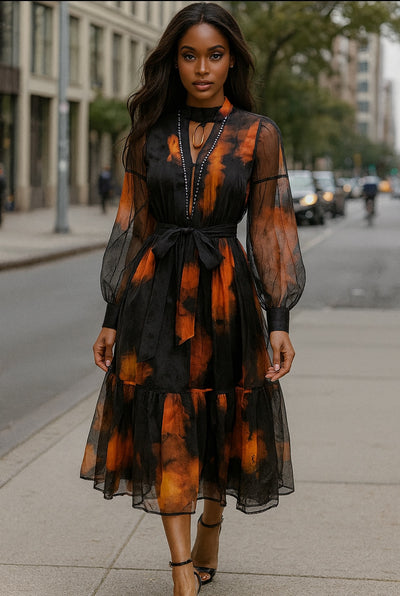 Midnight Ember Mesh Midi Dress