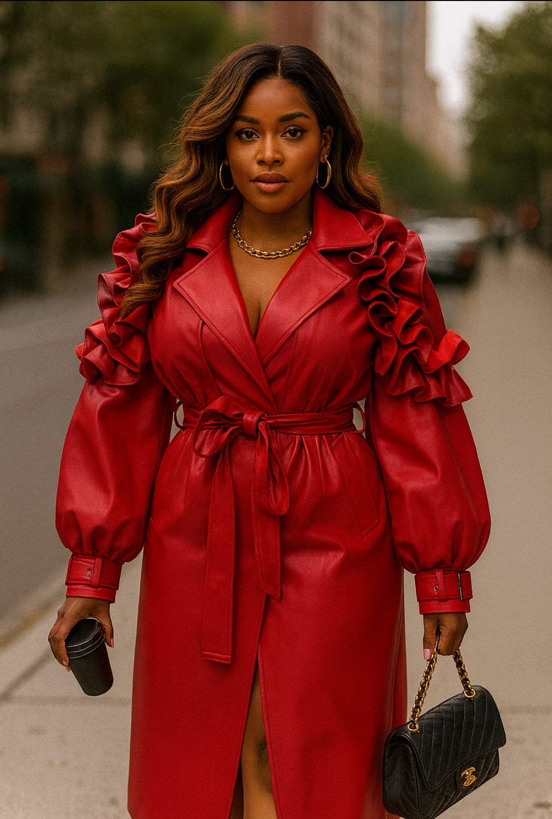 Ruffle Edge Faux Leather Trench Coat