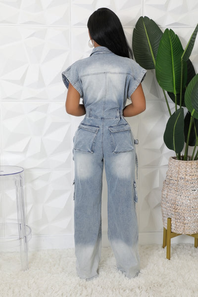 Athena Short Sleeve Cargo Denim Jumpsuit