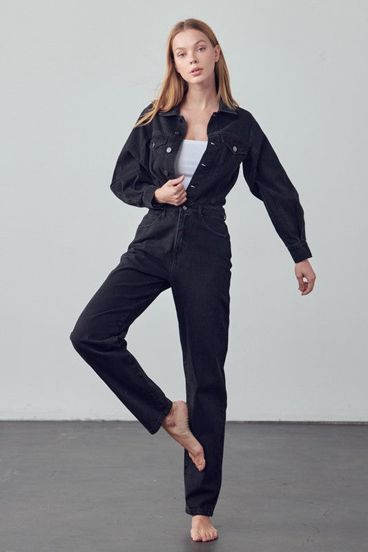 High Waist Flap Pocket Half Button Denim Jumpsuit