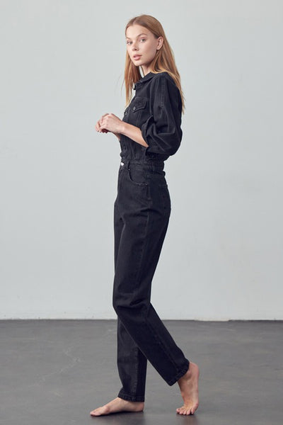 High Waist Flap Pocket Half Button Denim Jumpsuit