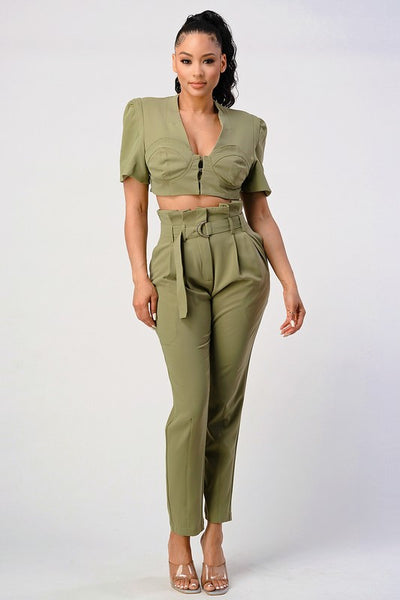 Olive Green Two Piece Set with Belt Included