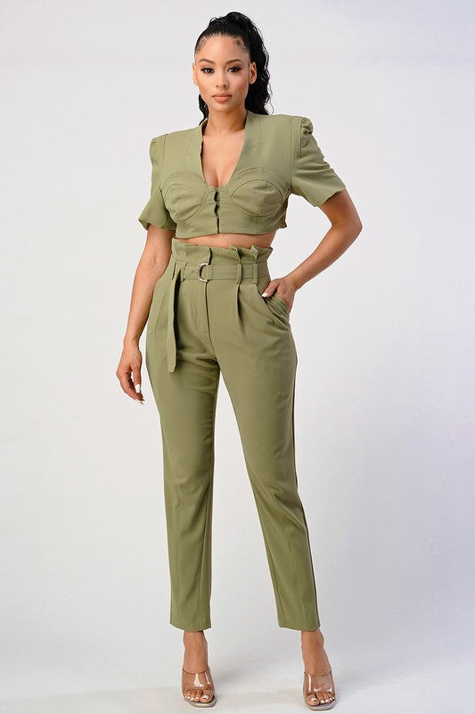 Olive Green Two Piece Set with Belt Included