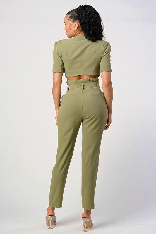 Olive Green Two Piece Set with Belt Included