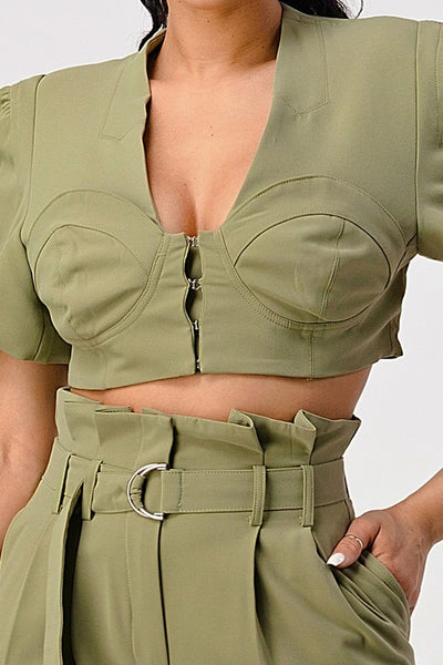 Olive Green Two Piece Set with Belt Included