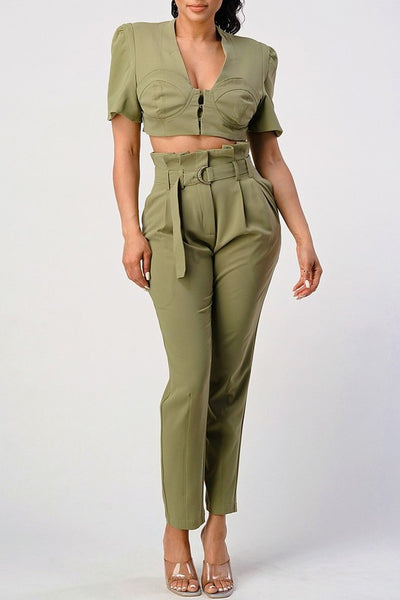 Olive Green Two Piece Set with Belt Included