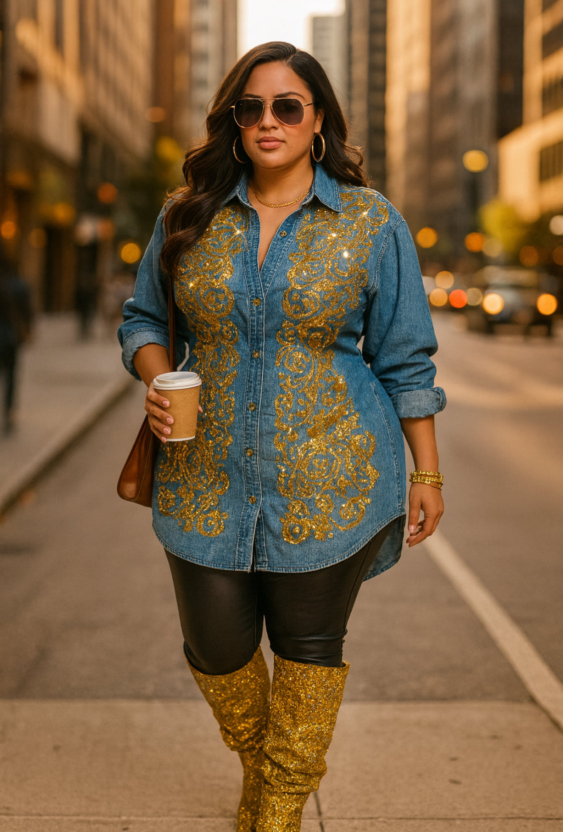 Golden Glam Denim Sequin Shirt Dress