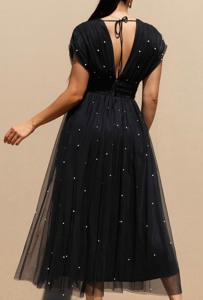 Black Pearl Embellished Tulle Midi Dress