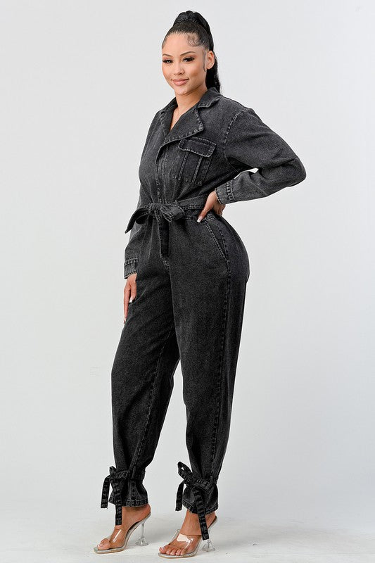 Doja Denim Black Wash Front Tie Jumpsuit
