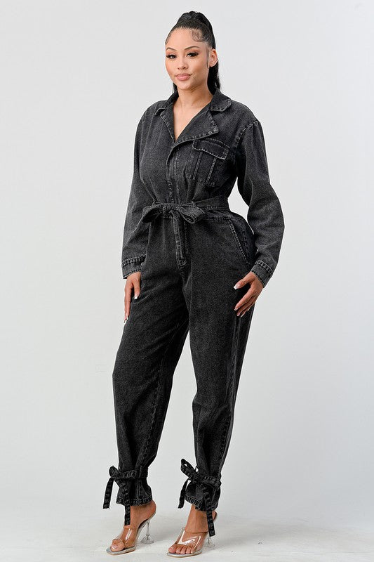 Doja Denim Black Wash Front Tie Jumpsuit