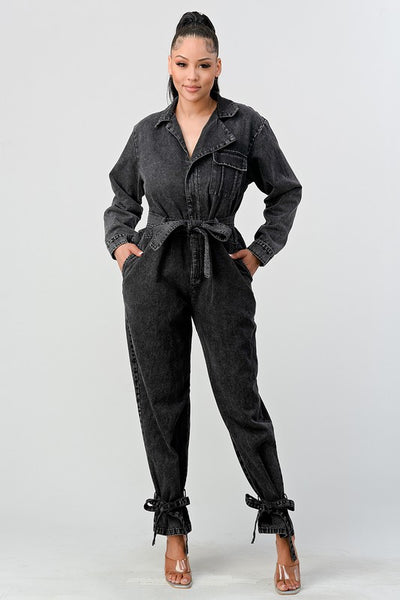 Doja Denim Black Wash Front Tie Jumpsuit