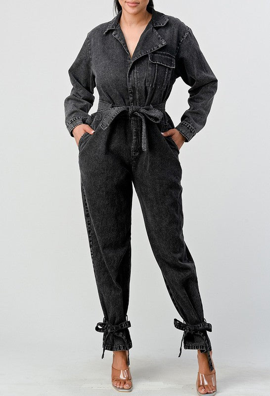 Doja Denim Black Wash Front Tie Jumpsuit