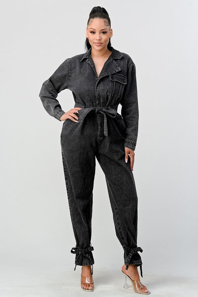 Doja Denim Black Wash Front Tie Jumpsuit