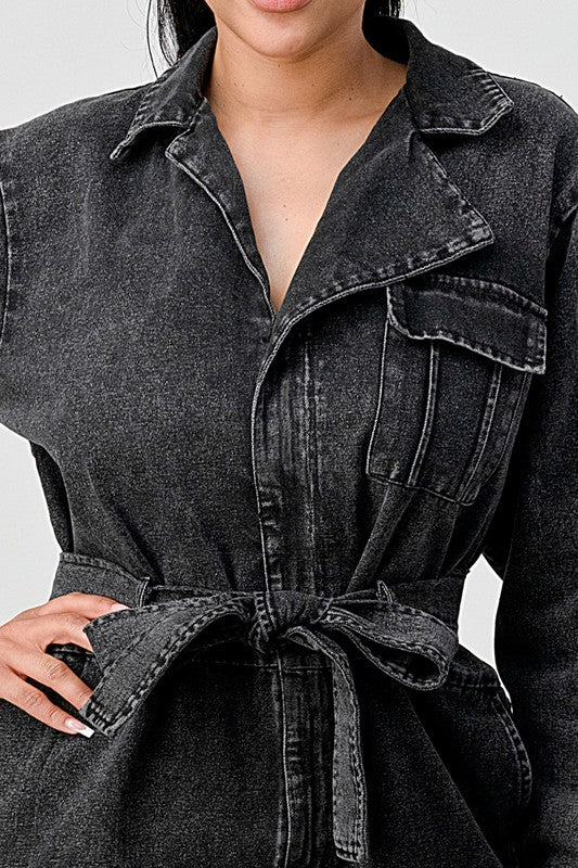 Doja Denim Black Wash Front Tie Jumpsuit