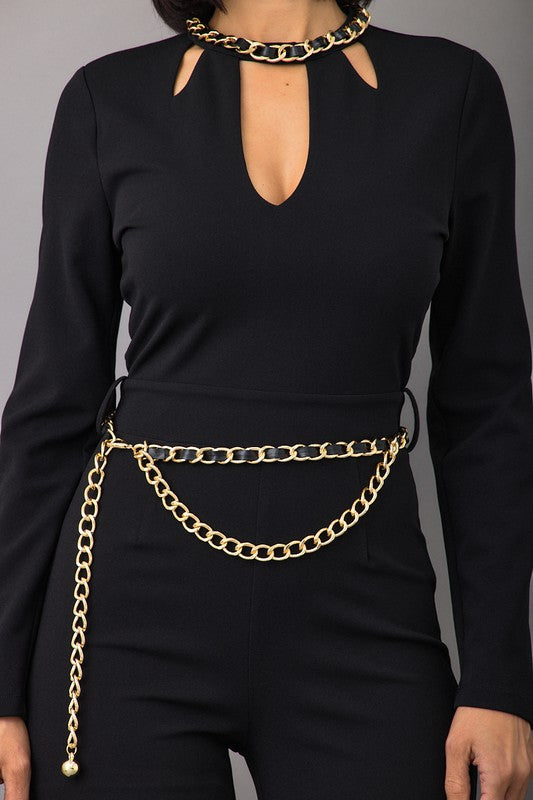 CHAIN TRIM DETAILED FASHION JUMPSUIT