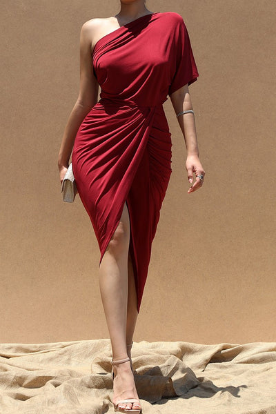 One Shoulder Venetian Midi Dress
