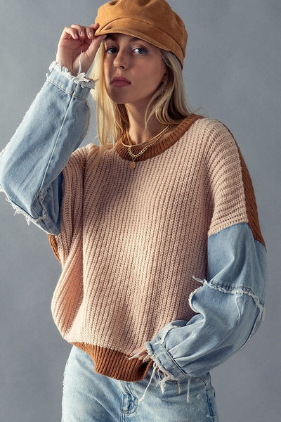 All About The Denim Sleeves Sweater