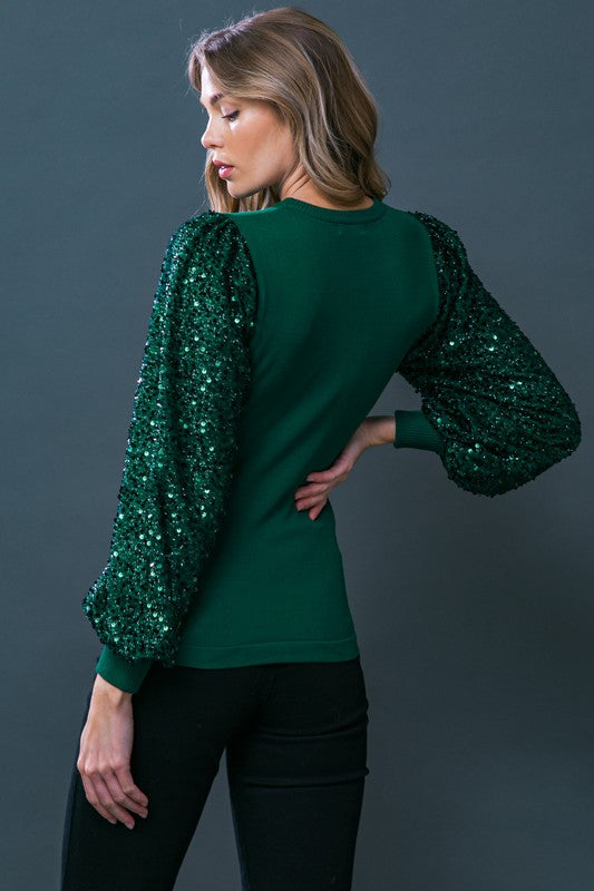Sparkle Sequin Sleeve Round Neck Sweater