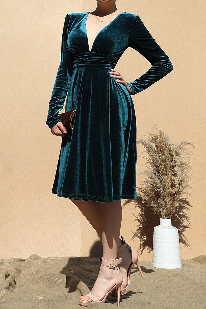 Velvet V Neck Long Sleeve Mini Dress