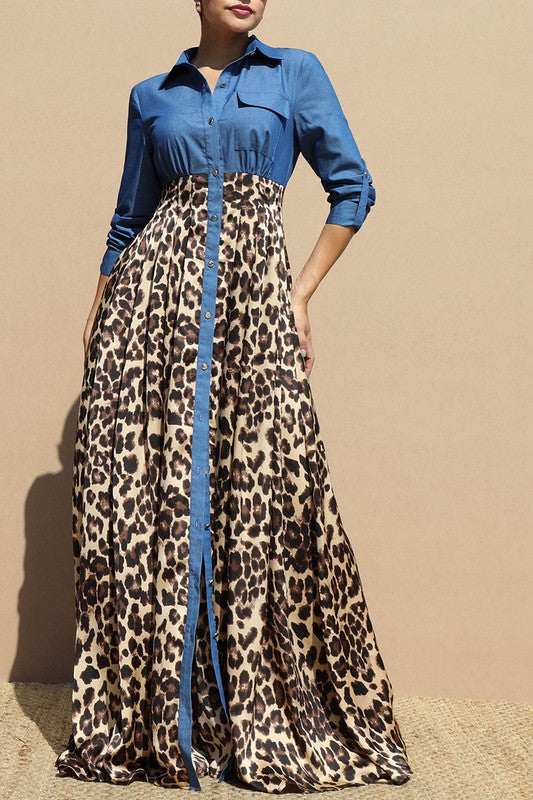 Leopard Denim Button Up Maxi Dress
