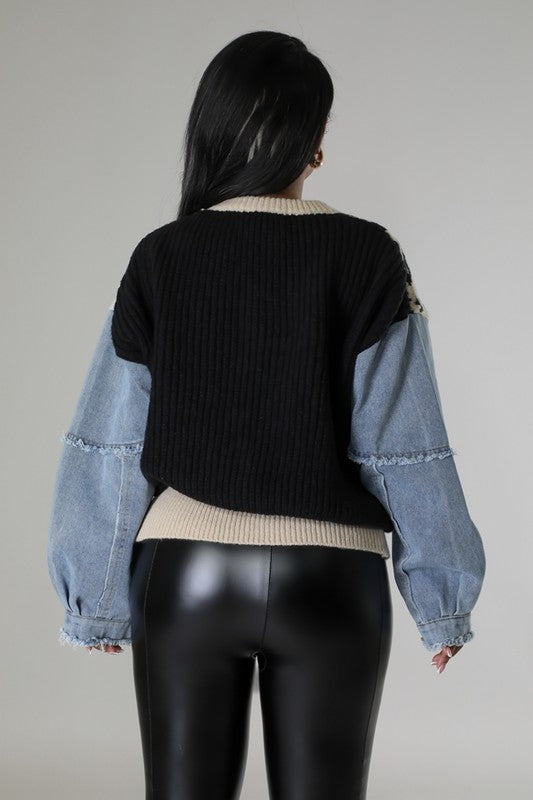 Everly Denim Sleeve Leopard Sweater