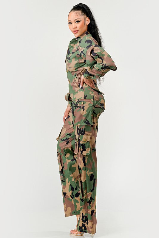 Ruffle Sleeve Camo Jumpsuit