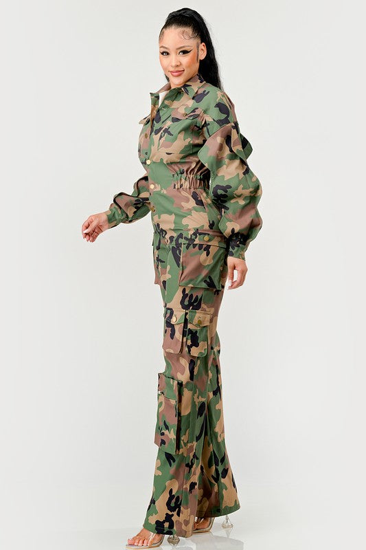 Ruffle Sleeve Camo Jumpsuit