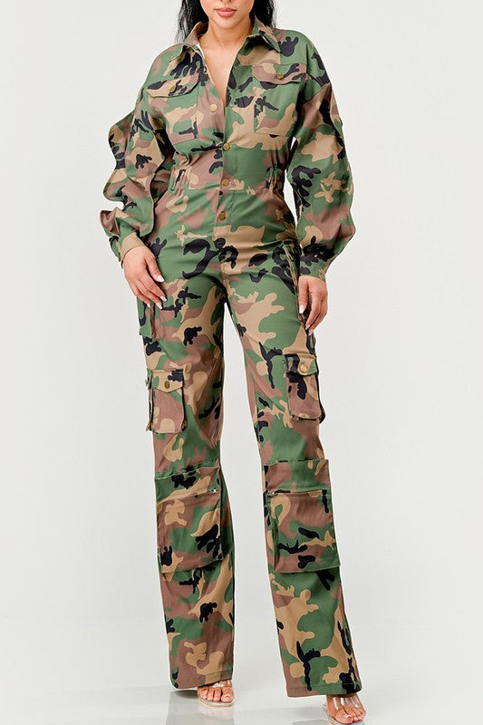 Ruffle Sleeve Camo Jumpsuit