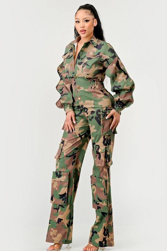 Ruffle Sleeve Camo Jumpsuit