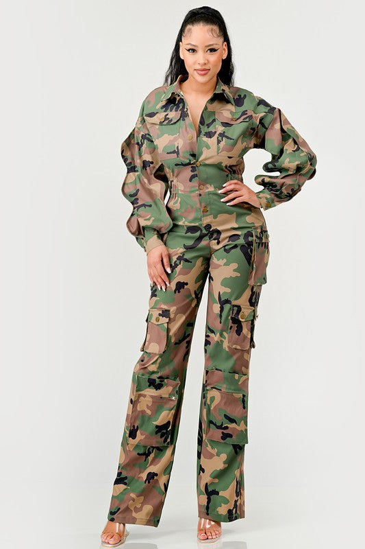 Ruffle Sleeve Camo Jumpsuit
