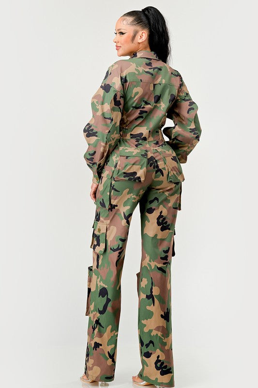Ruffle Sleeve Camo Jumpsuit