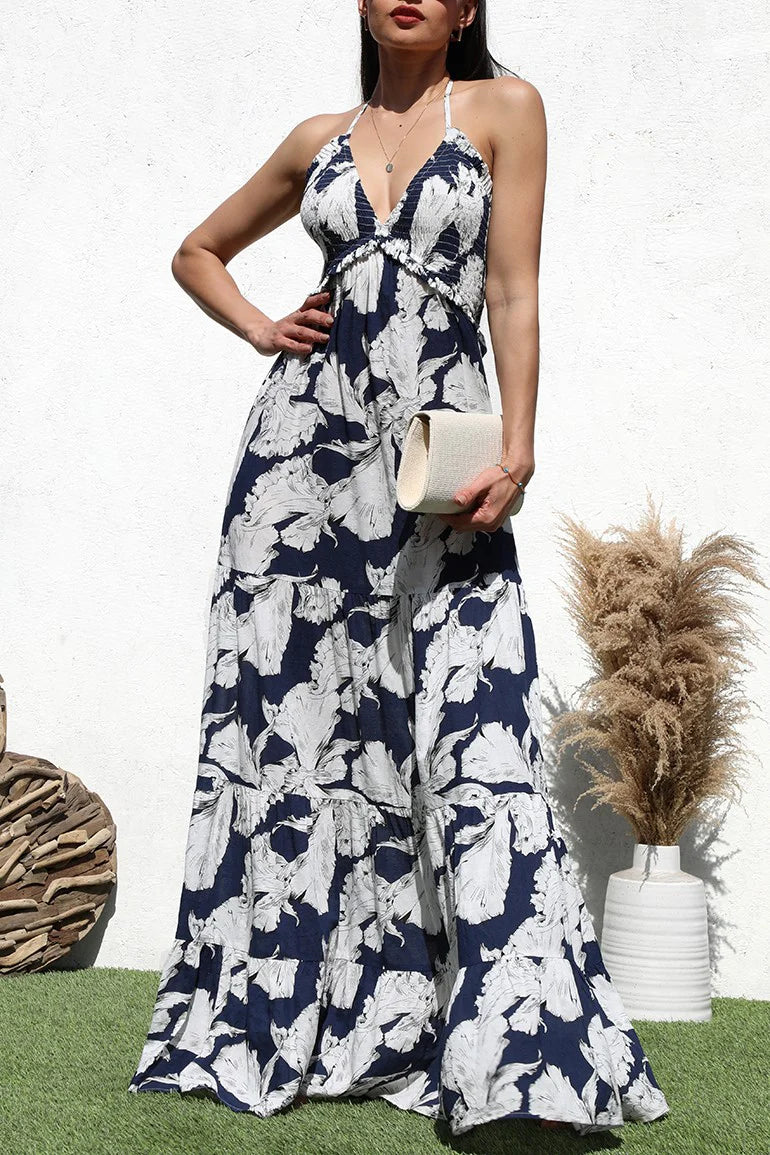 Scarlett Blue Mutli Print Halter Maxi Dress