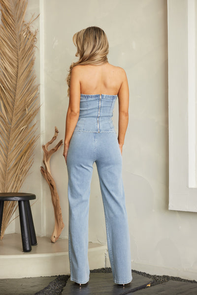 DENIM WASHED TOP AND PANTS SET