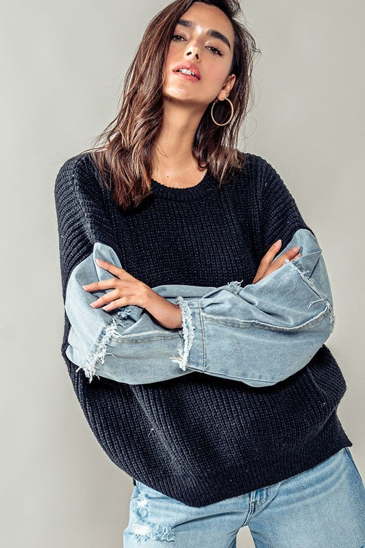 All About The Denim Sleeves Sweater