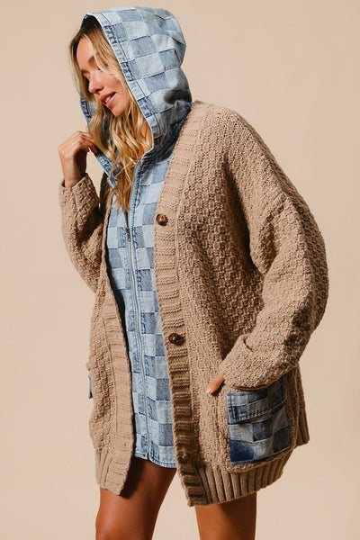 Hooded Denim Spliced Sweater Cardigan