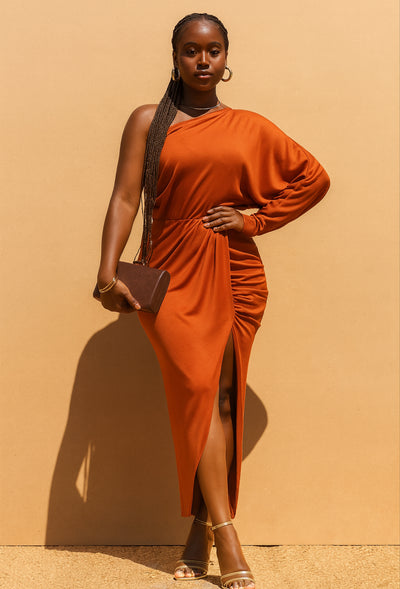 Rust Serenity One-Shoulder Midi Dress