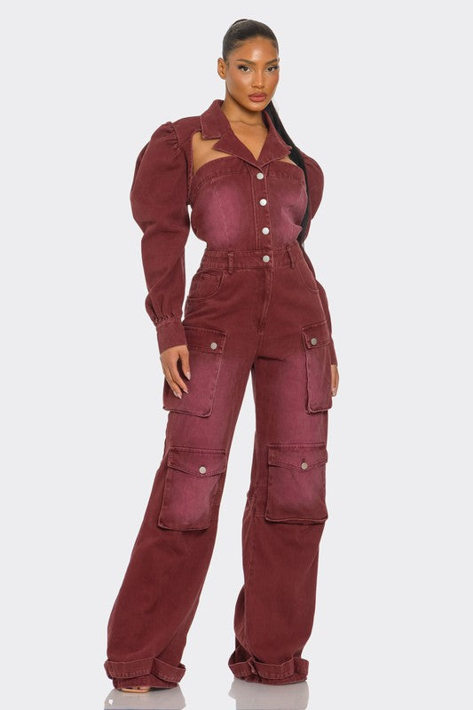 Burgundy Denim Fashion Jumpsuit