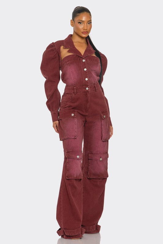 Burgundy Denim Fashion Jumpsuit