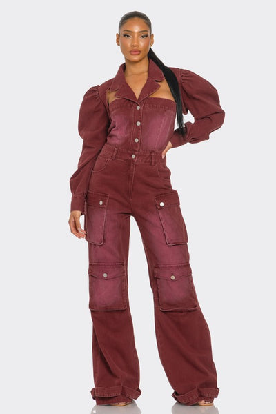 Burgundy Denim Fashion Jumpsuit