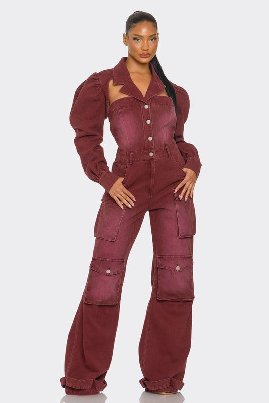 Burgundy Denim Fashion Jumpsuit