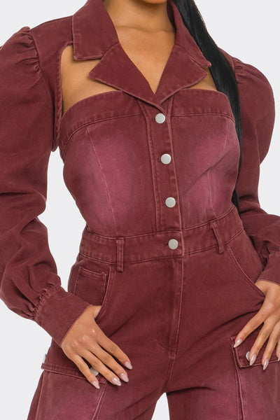 Burgundy Denim Fashion Jumpsuit