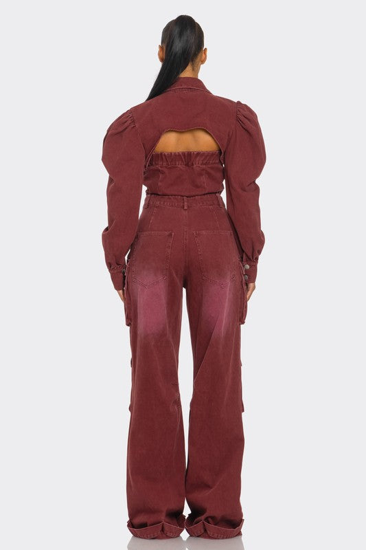 Burgundy Denim Fashion Jumpsuit